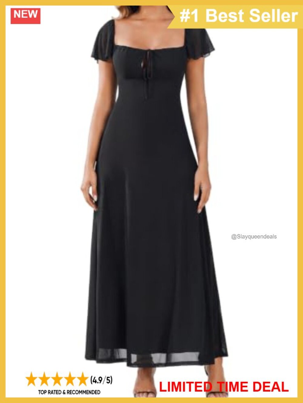Flowy Maxi Formal Wedding Guest Dress Square Neck Ruffle Sleeve